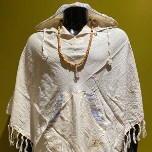 Cotton Diamond-Cut Front Pocket Hoodie Poncho - Solid (Cream)